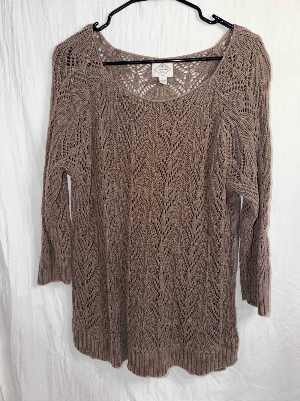 St. Johnโs Bay Brown Open Crochet Knit Pullover Sweater Size Large Ramie Cotton